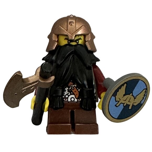 Lego Minifigure Castle Fantasy Dwarf cas391 Black Beard Red Arms Shield Axe